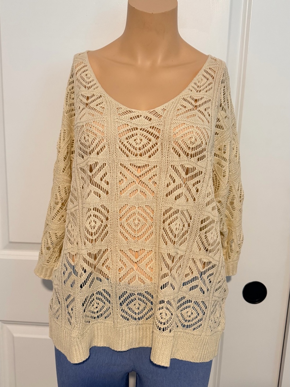 Women's Cream Openwork V-Neck Sweater